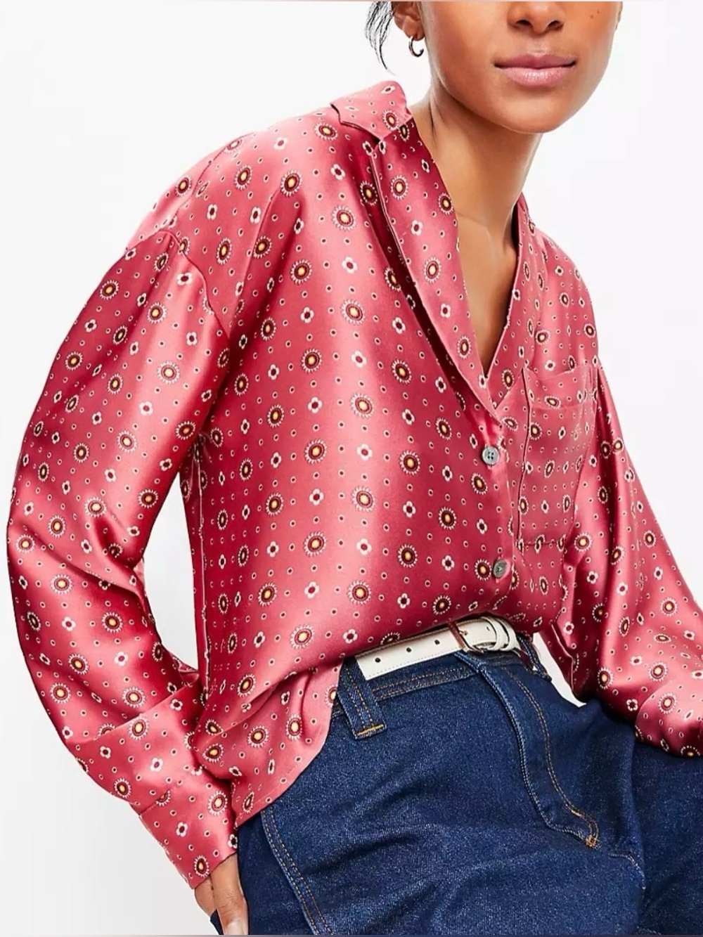 LOFT XL Floral Foulard Satin Button Down Blouse Mauve Pink